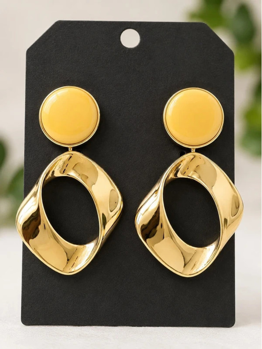 Gold-Tone Geometric Dangle Earrings with Round Studs and Open Oval Drops, New